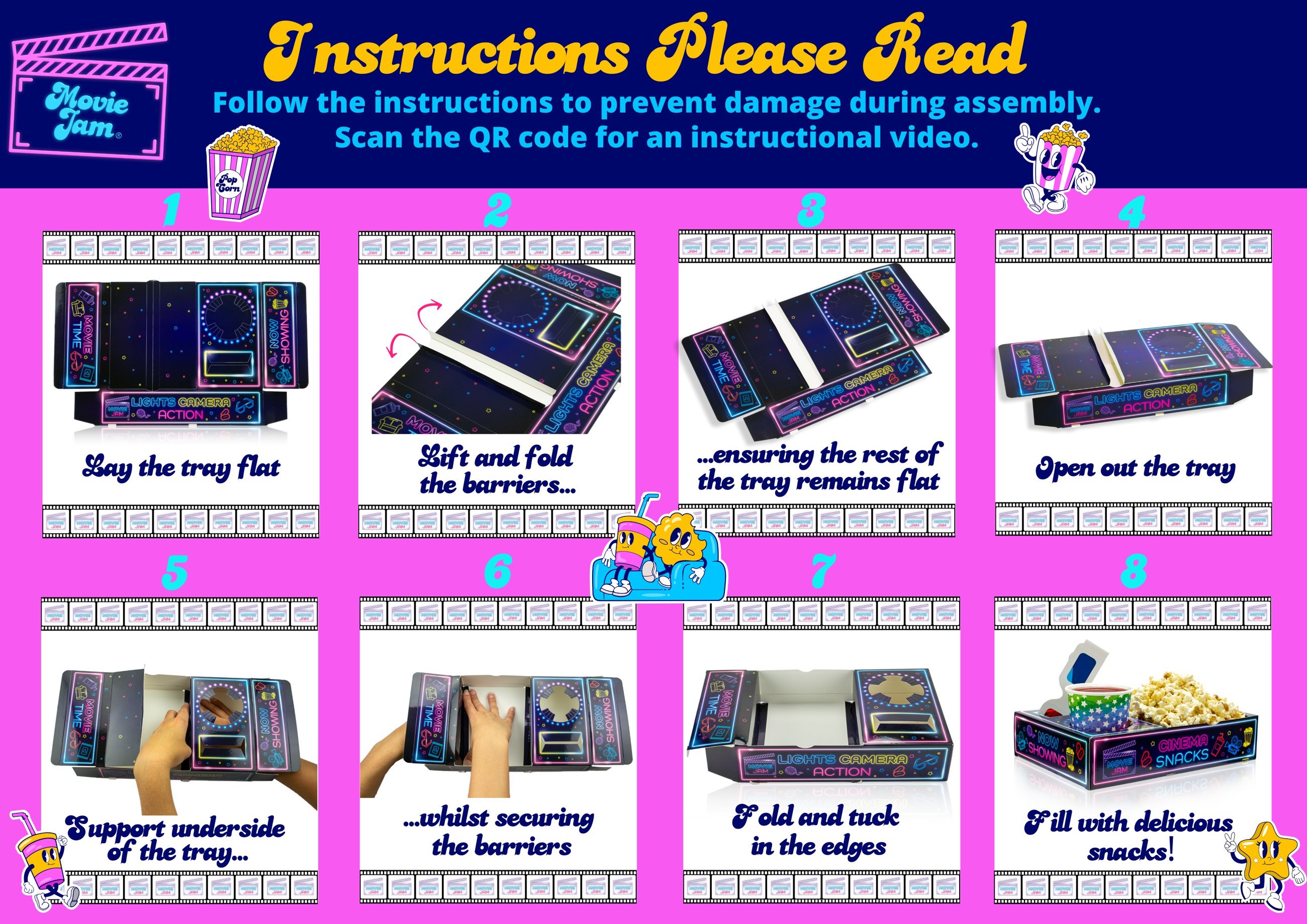 MovieJam snack tray instruction sheet showing all 8 steps