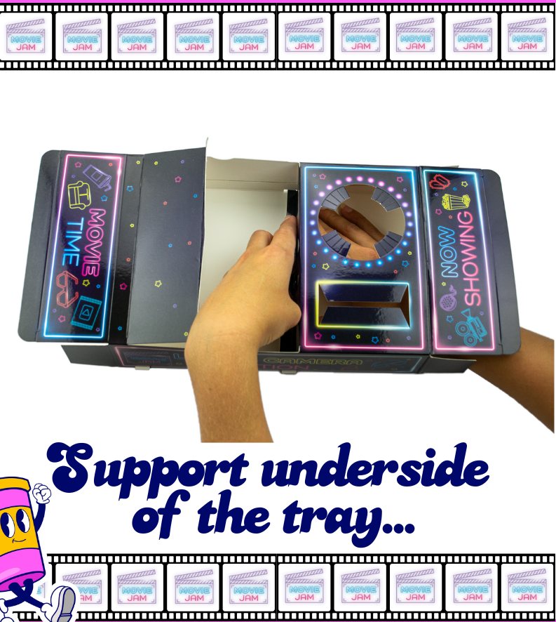 Hands supporting the underside of the tray